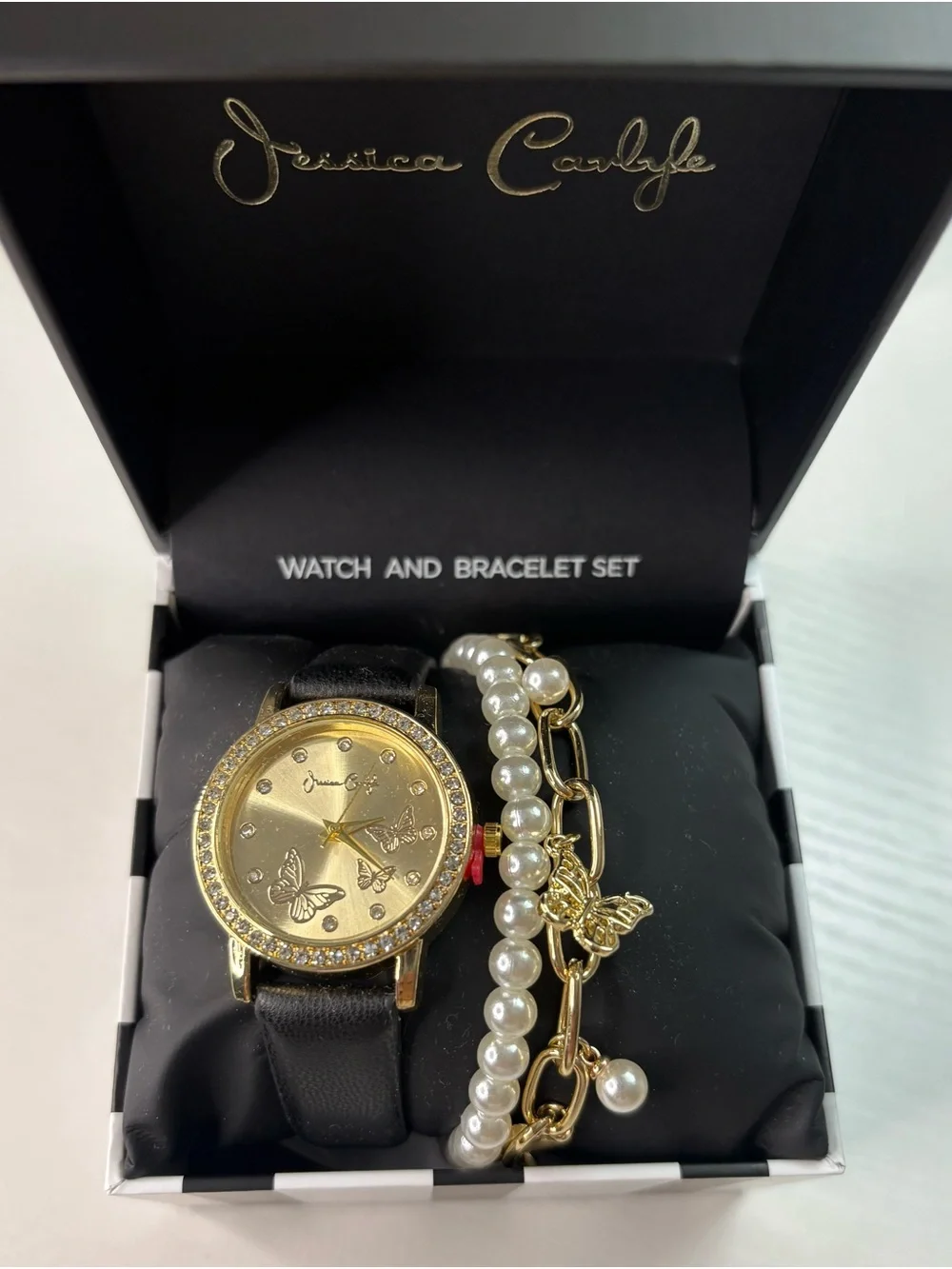 Gold Butterfly Watch & Pearl Bracelet Set - Black Strap